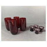 Red Glass Cups and Purple Shot Glasses