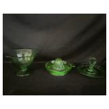 Green Glass Juicer, Pedestal Bowl, and Small