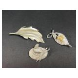 Silver Tone Leaf & Bird Brooches