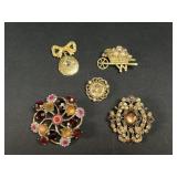 5 Gold Tone Rhinestone & Figural Brooches
