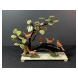 Jade Bird & Tree Sculpture on Stone Base