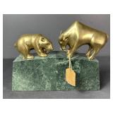Brass Style Bull & Bear Bookends on Marble Bases