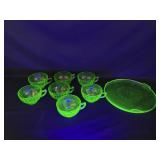 Uranium Glass Serving Plate and 7 Cups