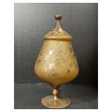 Amber Glass Covered Pedestal Jar