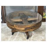 Wagon Wheel Glass Top Coffee Table on Casters