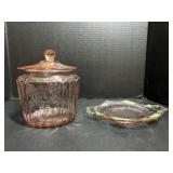 Pink Depression glass candy jar and plate