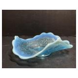 Blue Opalescent Glass Ruffled Bowl