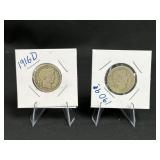 Two 1916D and 1909 Barber quarters