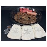 3 Rows of Lincoln Memorial Cents and 3 cloth bags