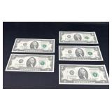 Five 2 Dollar Bills In Consecutive order Series
