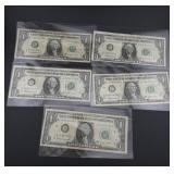 Five 1963B 1 Dollar Green Seal