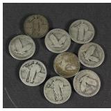 9 Silver Standing Liberty Quarters No Date