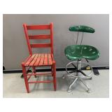 Red Wooden Chair and Green Swivel Chair