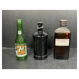 Vintage Ink Bottle, 7 Up Bottle, and Denatured