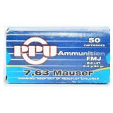 PPU 7.63 Mauser FMJ Ammunition, 50 Rounds