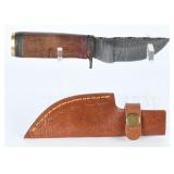 Fixed-Blade Damascus-Style Hunting Knife with Wood