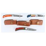 3 Modern Damascus Folding Knives w/ Sheaths