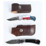 2 Damascus Steel Folding Pocket Knives w/ Sheaths