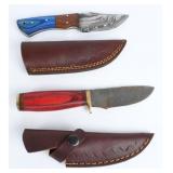 2 Damascus Fixed-Blade Hunting Knives w/ Sheaths