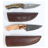 2 Damascus Fixed-Blade Knives w/ Leather Sheaths