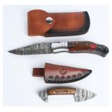2 Damascus Steel Knives w/ Leather Sheaths