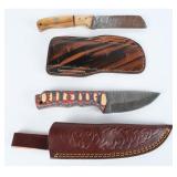 2 Damascus Fixed Blade Knives w/Leather Sheaths