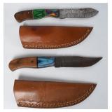 Pair Damascus Fixed Blade Knives w/ Sheaths