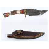 A Stag Handle Damascus Steel Hunting Knife