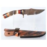 Damascus Clip-Point Knife w/ Stag & Pakkawood