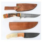 2 Damascus Fixed Blade Hunting Knives w/ Sheaths