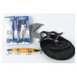 An Assortment of Fishing Lures and a Gerber Hook