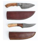 2 Damascus Steel Hunting Knives w/ Leather Sheaths