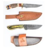 2 Damascus Steel Fixed-Blade Knives w/ Sheaths
