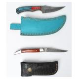 2 Damascus Steel Knives & Embossed Leather Sheaths