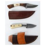 2 Damascus Steel Hunting Knives w/ Leather Sheaths