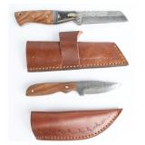 2 Damascus Steel Hunting Knives w/ Leather Sheaths