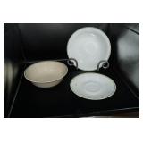 Corelle Ware 2 Bowls & Saucer Green Rim