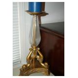Large Gold Tone & Glass Holder w/blue candle