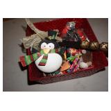 Tin Basket w/Christmas Ornaments & Penquin