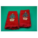 2 Red Hand Towels w/Christmas Trees