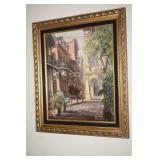 Framed Oil On Canvas Street Scene signed