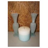 2 Blue Satin Vases w/candles