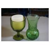 2 Vtg Green Glassware Vase & Goblet