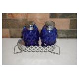 Cobalt Blue Salt and Pepper Shakers in Holder