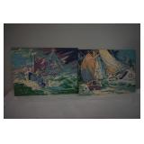 2 Vtg Paint by Number Oil Paintings Completed