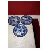 Set of 3 Blue and White Bird Motif Saucers