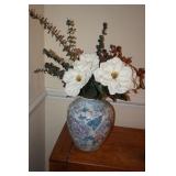 Ceramic Vase with Asian Motif & Artificial Flowers