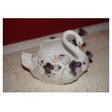 Lefton Swan Trinket Dish Purple Flowers