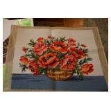 Unframed Needlepoint Work Red Flowers