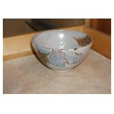 Grey Pottery Bowl with Blue and Brown Design